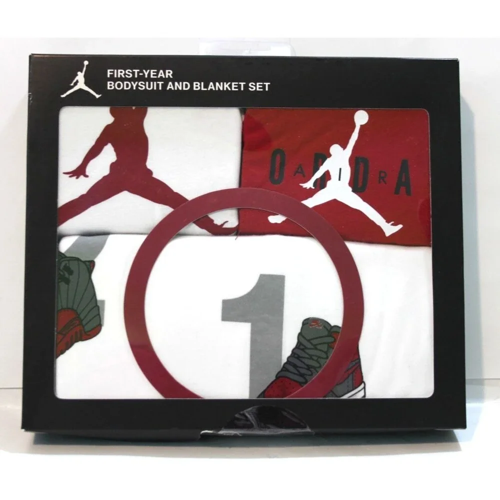 Nike Air Jordan First Year Baby 3 Piece Bodysuit Blanket Set Infant Outfit Gift